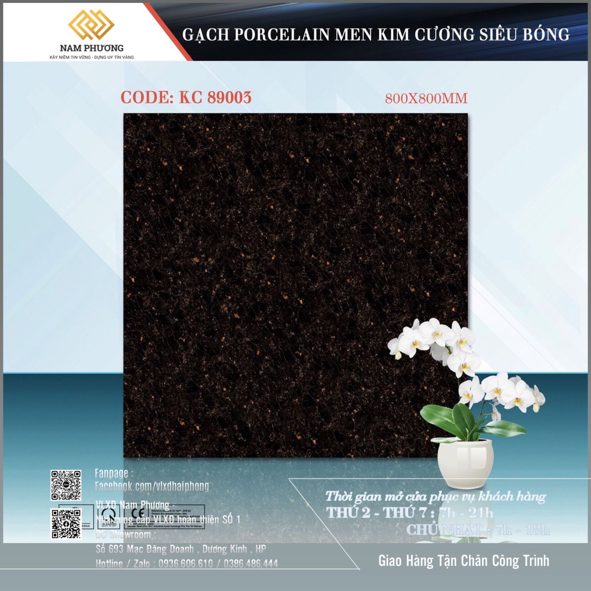 Gạch lát nền màu đen chấm cam kích thước 800 x 800 mm Code KC 89003