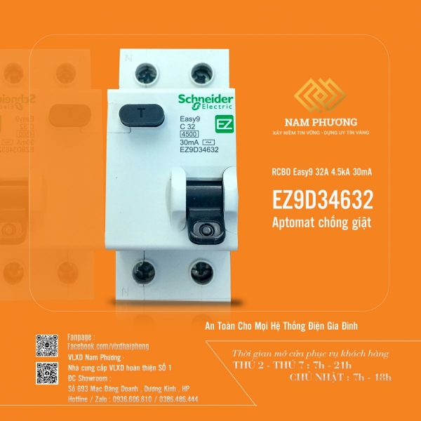 Aptomat chống giật RCBO Easy9 32A 4.5kA 30mA Mã sản phẩm: EZ9D34632